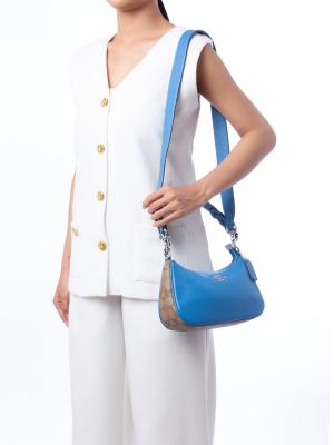 CJ590 Signature Teri Leather Shoulder Bag Khaki Racer Blue