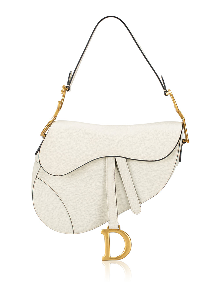 Grained Calfskin Medium Saddle Bag White