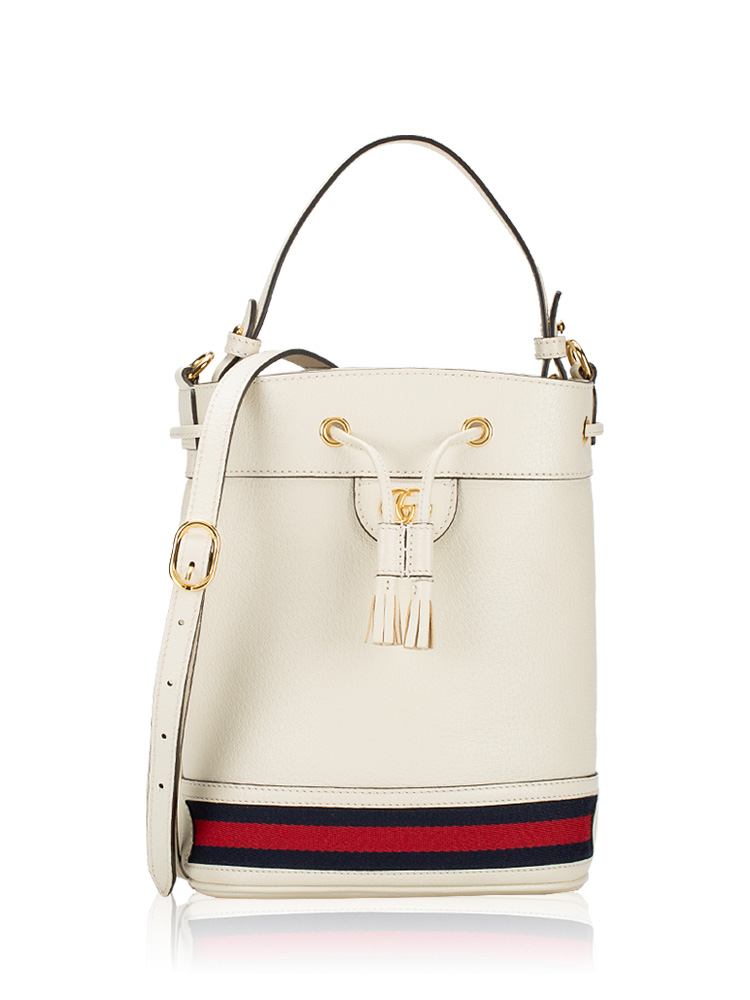 Glazed Calfskin Web Ophidia Small Bucket Bag Mystic White