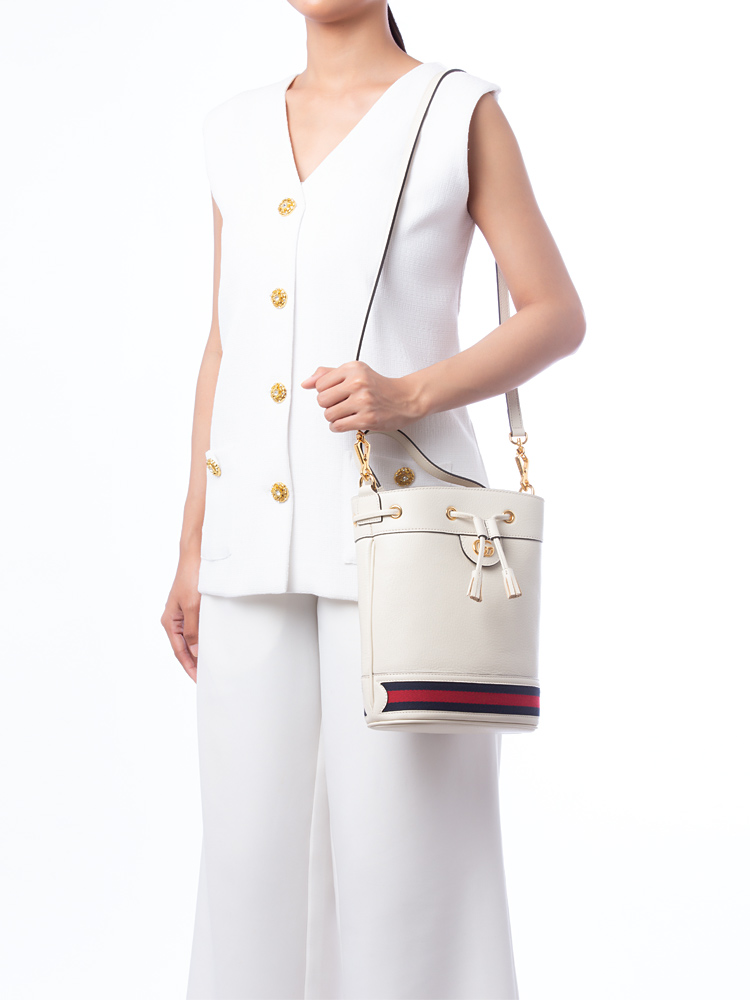 Glazed Calfskin Web Ophidia Small Bucket Bag Mystic White