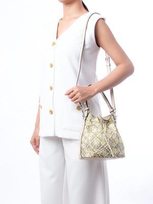 T Monogram Mesh Dot Bucket Bag Soft Neutral Honeydew
