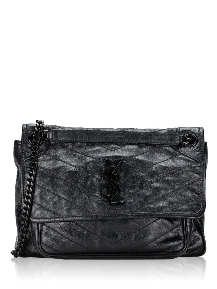 Crinkled Calfskin Matelasse Niki Medium Chain Shoulder Bag Black