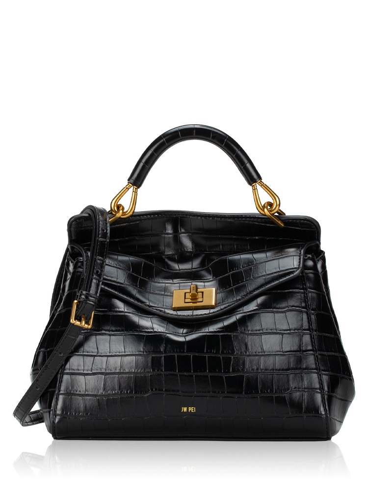Croco Pattern Lucia Classic Top Handle Bag Black
