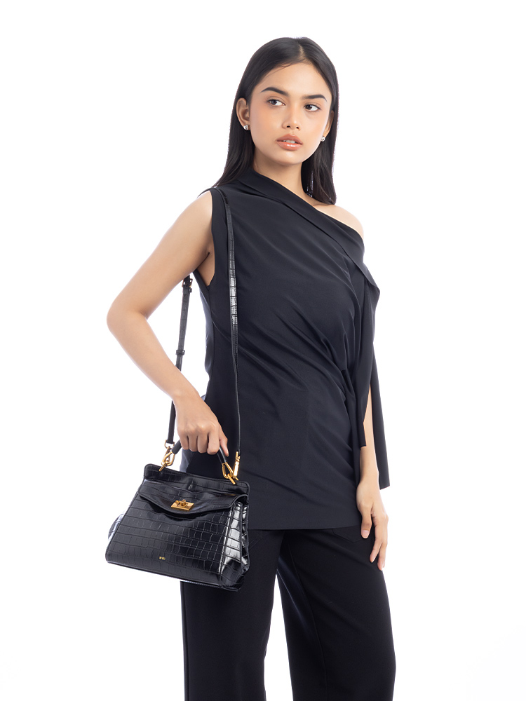 Croco Pattern Lucia Classic Top Handle Bag Black