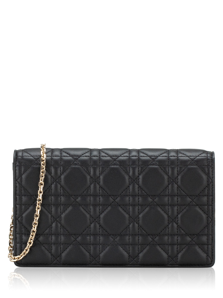 Lambskin Cannage Lady Dior Pouch with Chain Black