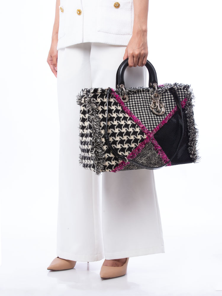Houndstooth Patchwork Tweed Diorissimo Large Bag Black Multicolor