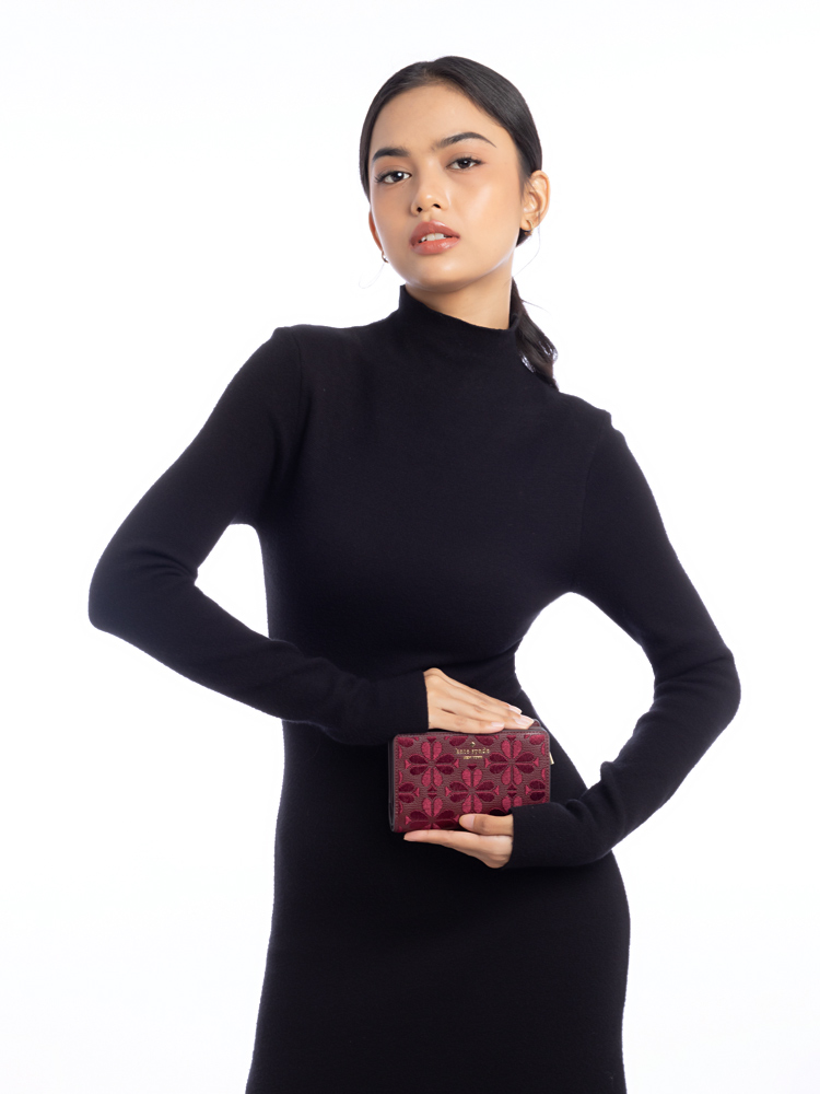 Flower Spade Embroidered Medium Bifold Wallet Dark Merlot