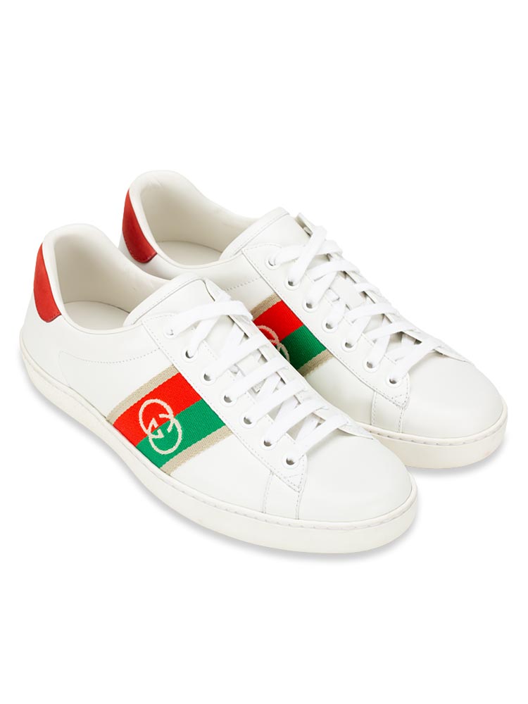 Men Calfskin Web Interlocking G Ace Sneakers White Sz 38