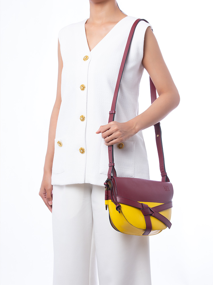 Calfskin Colorblock Gate Small Crossbody Wine Yellow
