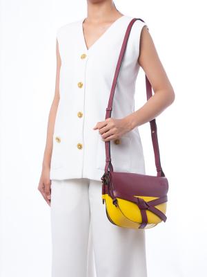 Calfskin Colorblock Gate Small Crossbody Wine Yellow