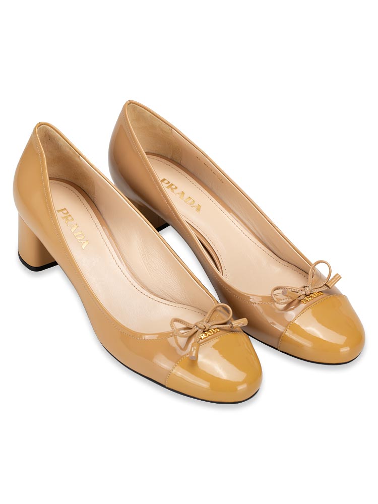 Patent Leather Bow Low Block Heel Pumps Natural Sz 41
