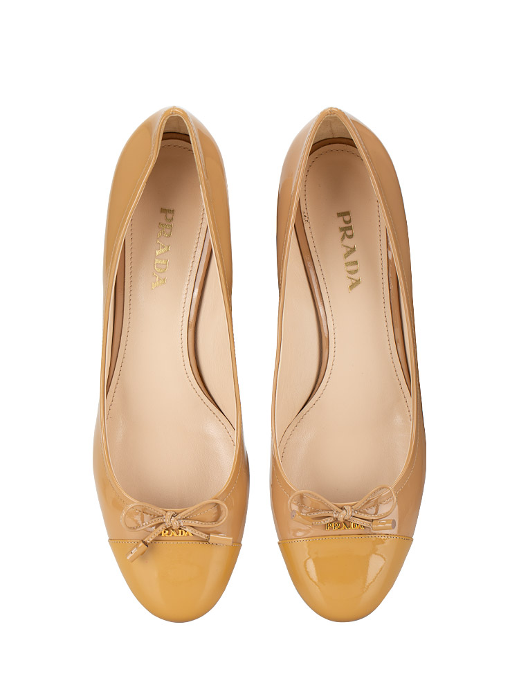 Patent Leather Bow Low Block Heel Pumps Natural Sz 41