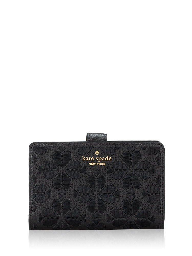 Spade Flower Embroidered Medium Bifold Wallet Black