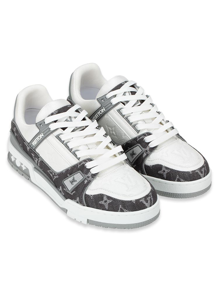 Calfskin Monogram Denim Trainer Sneakers Grey Sz 38.5