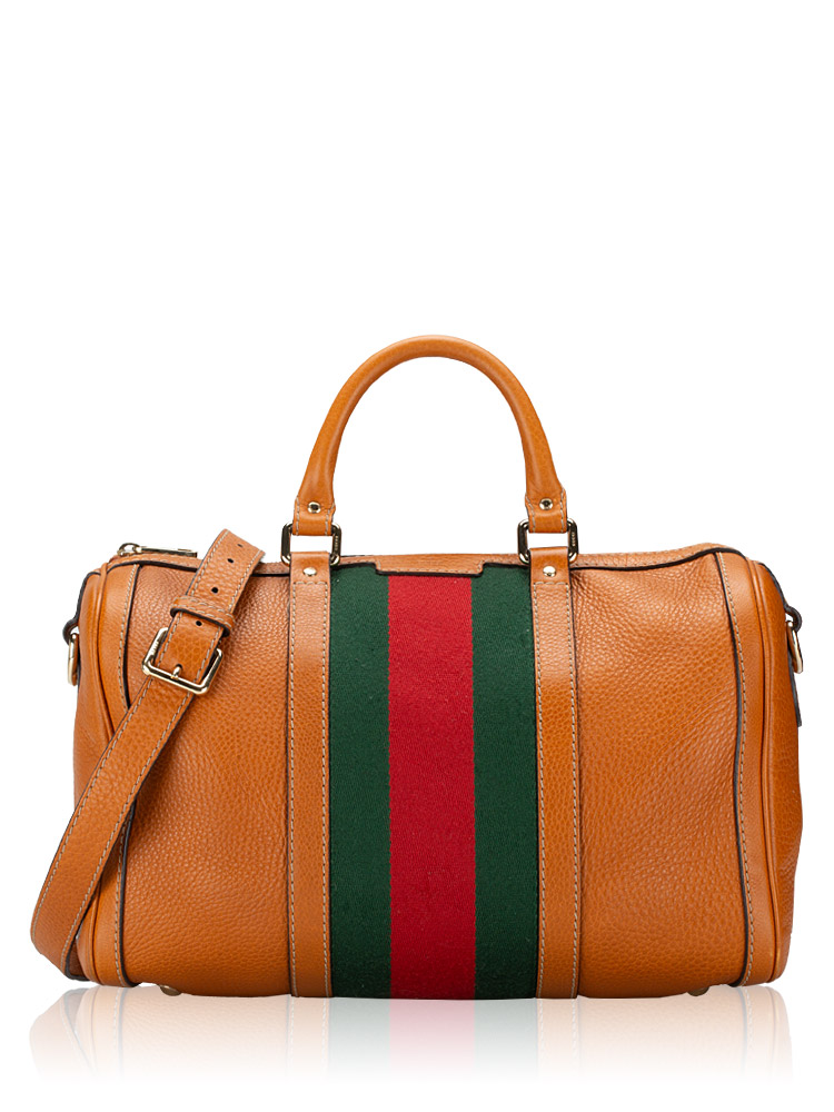 Calfskin Vintage Web Medium Boston Bag with Strap Tobacco