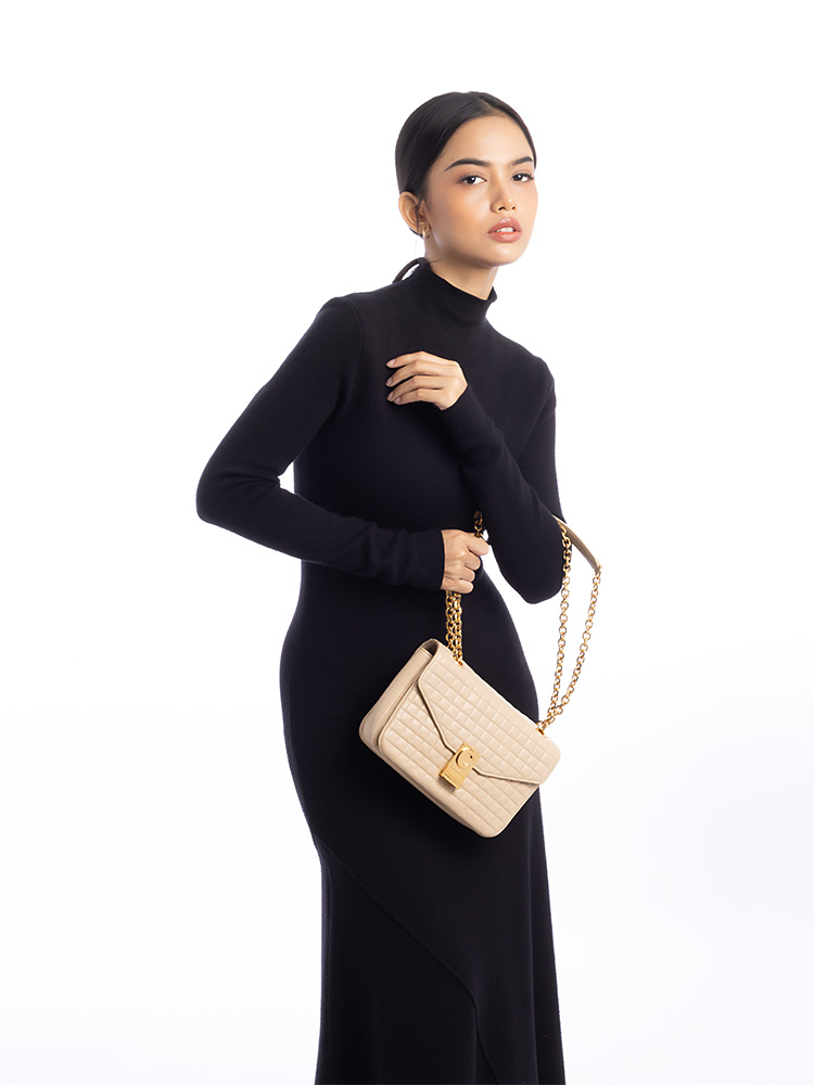 Calfskin Quilted C Medium Shoulder Bag Nude