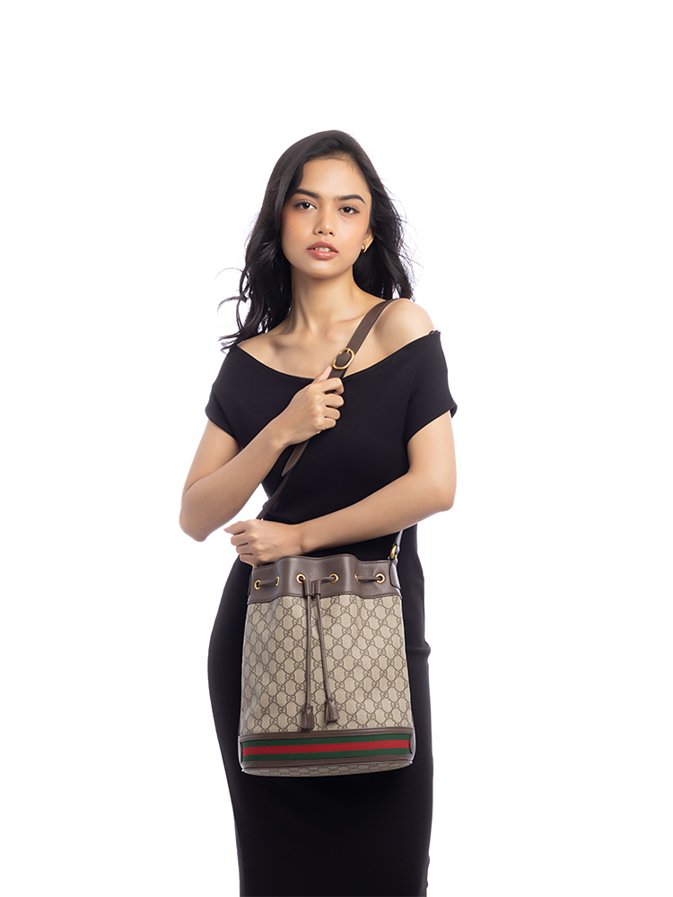 GG Supreme Web Ophidia Bucket Bag Beige Ebony
