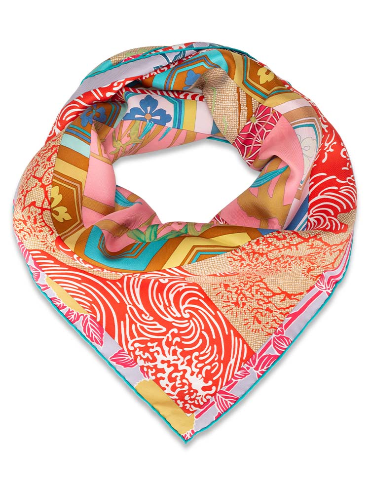 Ex Libris En Kimonos 90 Silk Scarf Pink Blue Multicolor