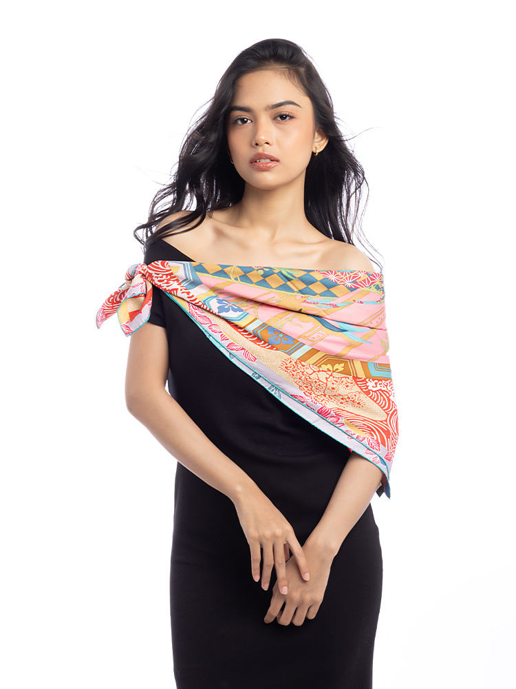Ex Libris En Kimonos 90 Silk Scarf Pink Blue Multicolor