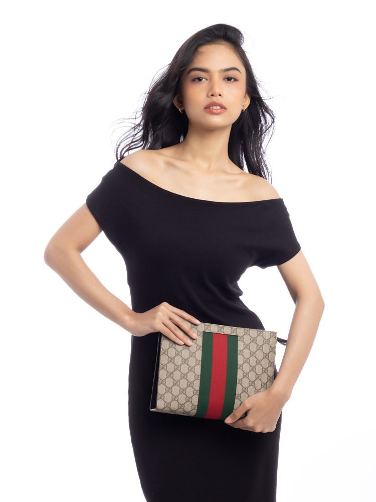 G Supreme Web Cosmetic Pouch Beige New Acero