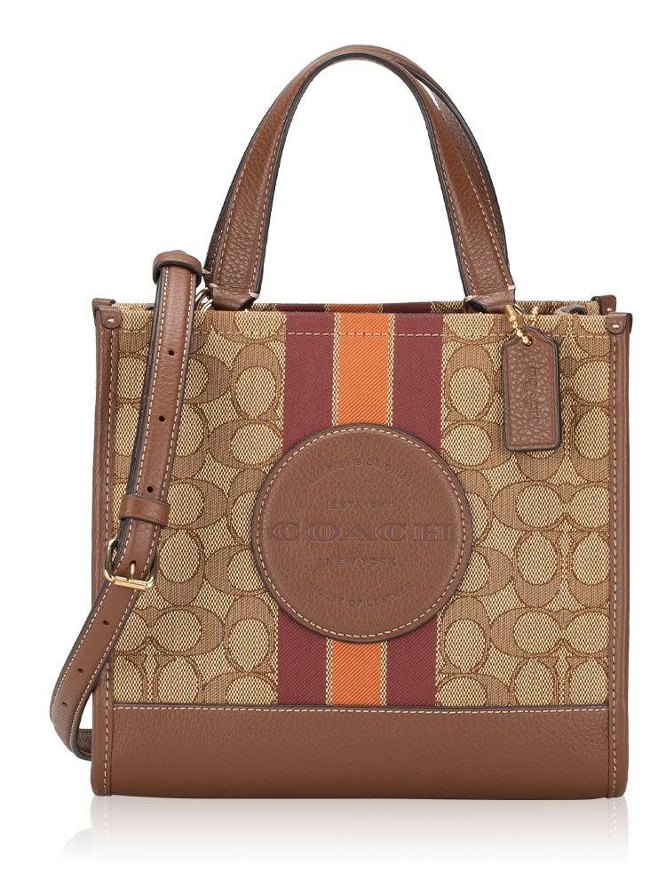 CQ878 Signature Jacquard Stripe Dempsey 22 Tote Khaki Saddle