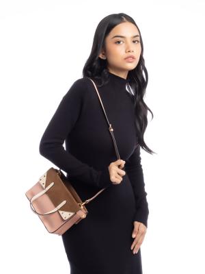 Vitello Grace Suede Small Flip Tote Rosa Bourbon Camel