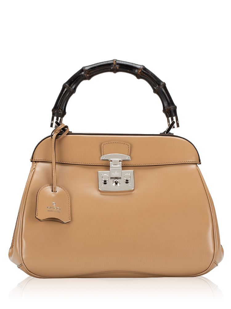 Calfskin Bamboo Lady Lock Medium Top Handle Bag Beige