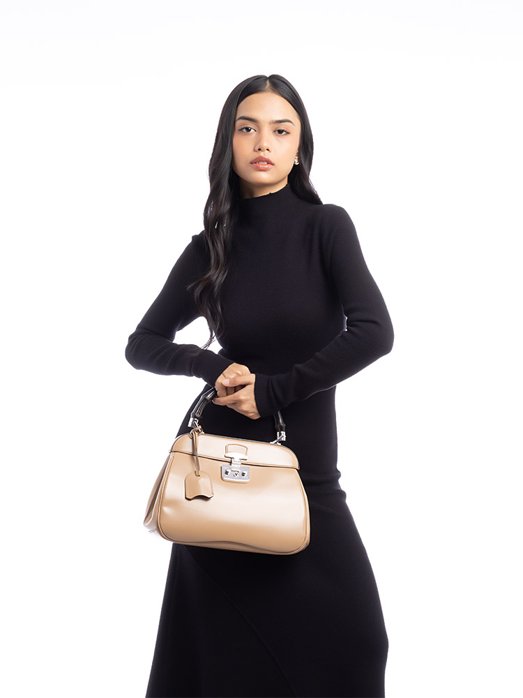 Calfskin Bamboo Lady Lock Medium Top Handle Bag Beige