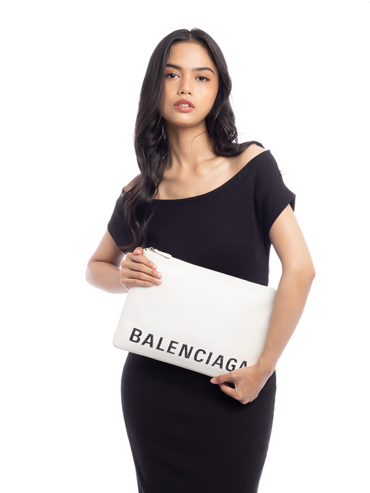 Calfskin Ville Large Zip Pouch Blanc Noir