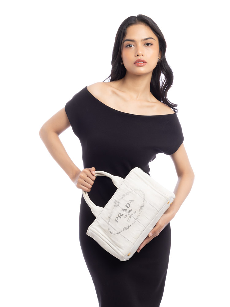 Denim Canapa Logo Small Tote Bianco