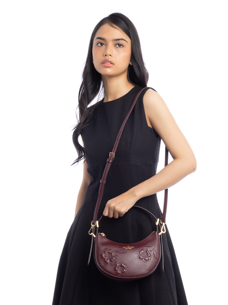 Nova Floral Applique Crescent Shoulder Bag Dark Merlot