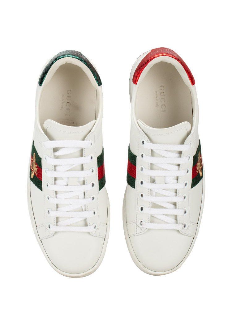 Calfskin Ayers Bee Embroidered Ace Sneakers White Green Sz 36.5