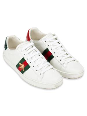 Calfskin Ayers Bee Embroidered Ace Sneakers White Green Sz 36.5