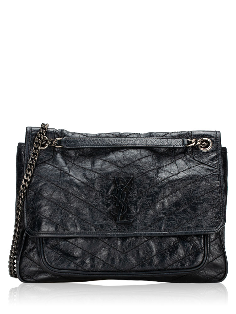 Crinkled Calfskin Matelasse Monogram Niki Large Shoulder Bag Nero