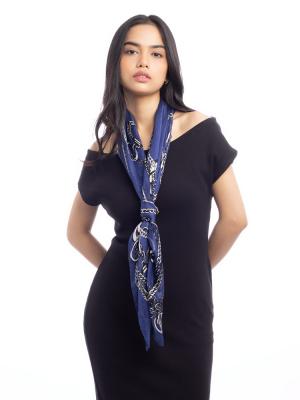 GG Logo & Chain Silk Sheer Scarf Navy Grey