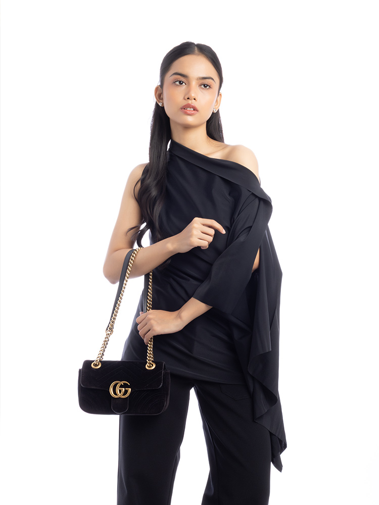 Velvet Matelasse GG Marmont Mini Flap Shoulder Bag Black