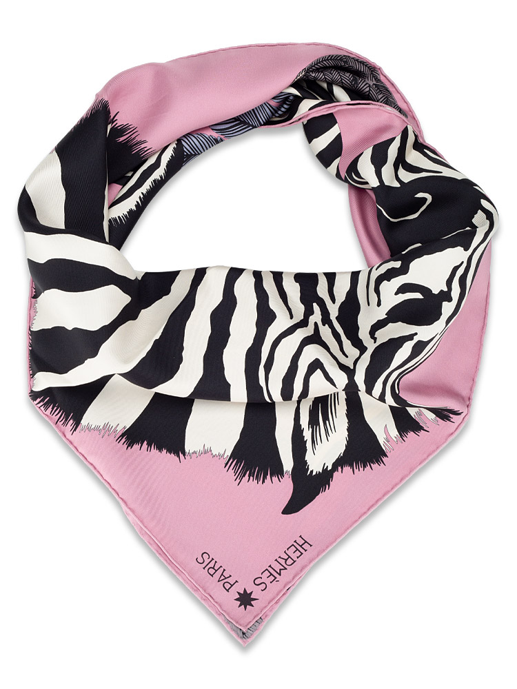 Zebra Pegasus 90 Silk Scarf Noir Rose Gris Bleute