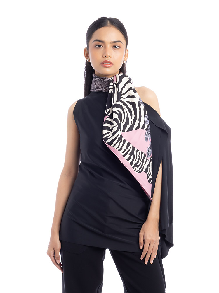 Zebra Pegasus 90 Silk Scarf Noir Rose Gris Bleute