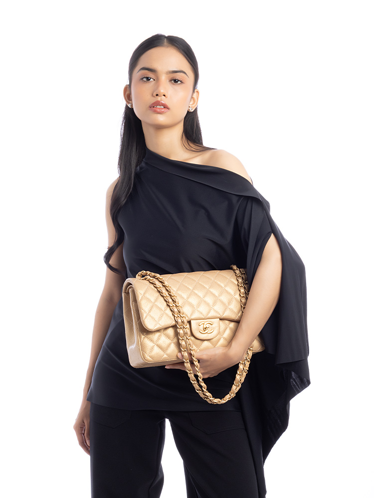 Pearly Caviar Classic Jumbo Double Flap Bag Gold