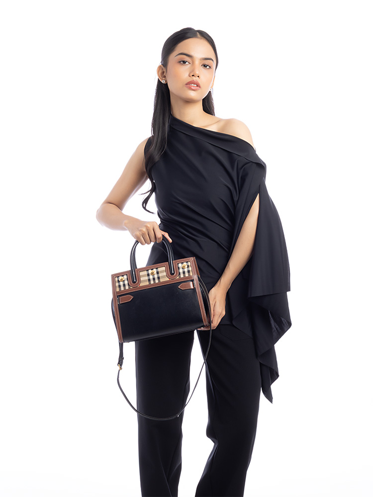 Calfskin Vintage Check Baby Two Handle Title Bag Black