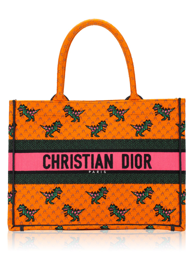 Dino Toile Embroidered Medium Book Tote Orange Multicolor