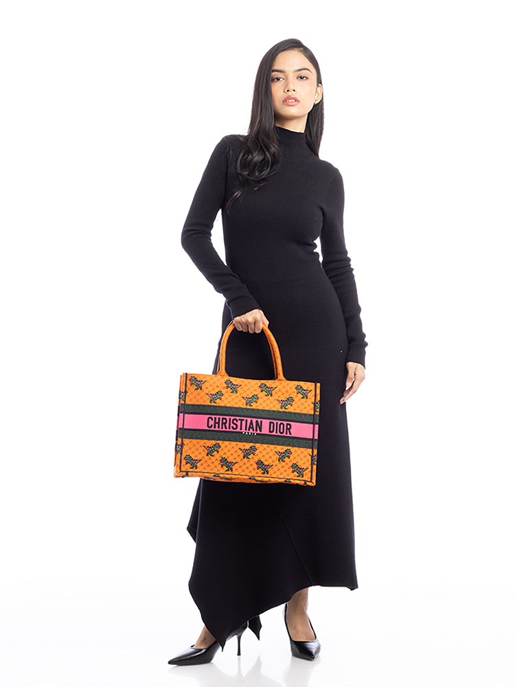 Dino Toile Embroidered Medium Book Tote Orange Multicolor