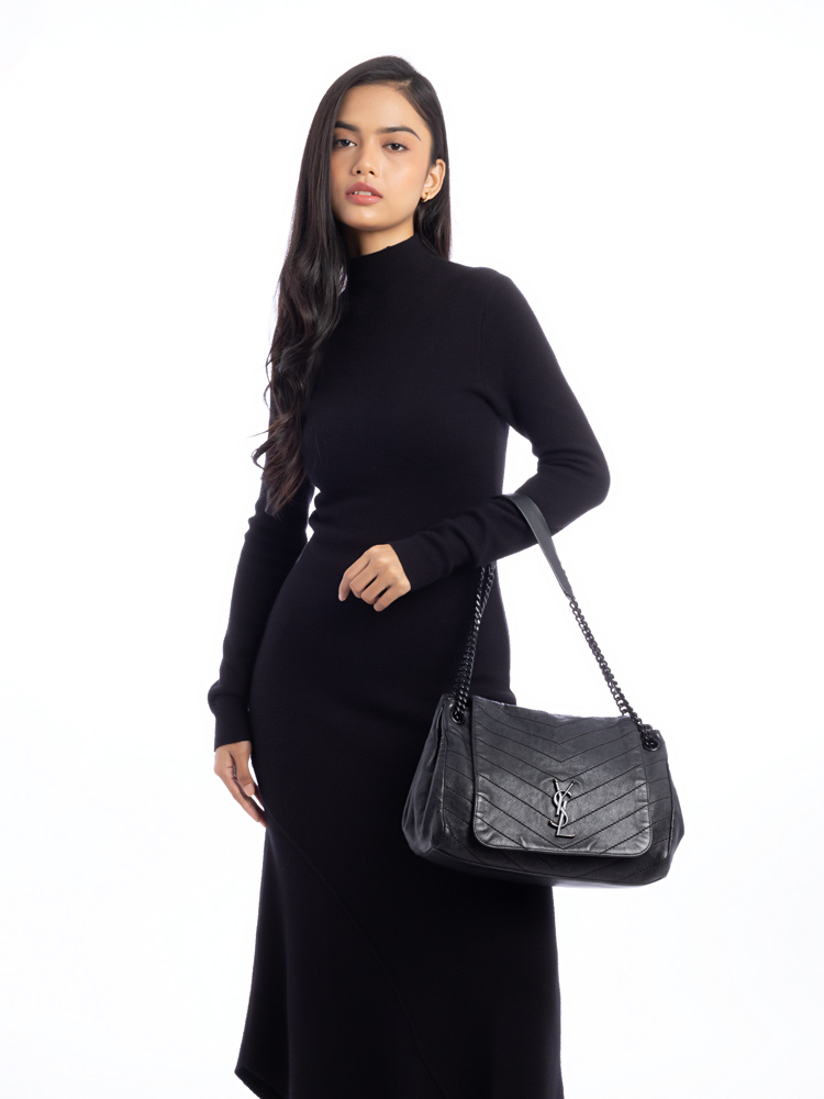 Sheepskin Monogram Nolita Medium Shoulder Bag Black