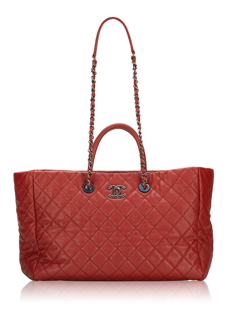 Caviar Quilted Large Coco Handle Shopping Tote Red