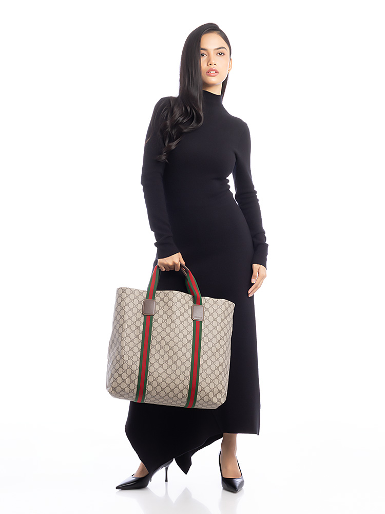GG Supreme Web Tender Large Tote Bag Beige Ebony