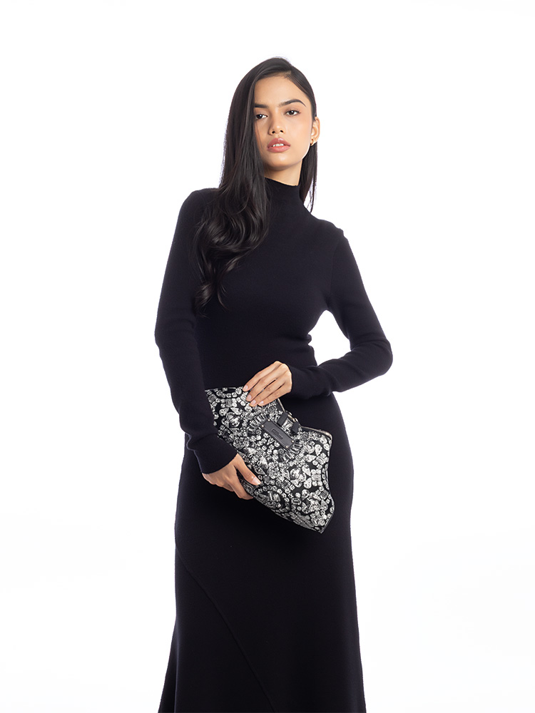 Silk Jewel Print De Manta Clutch Black White