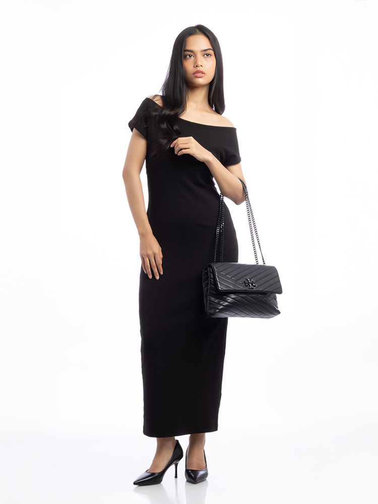 Kira Chevron Powder Coated Shoulder Bag Black Silver