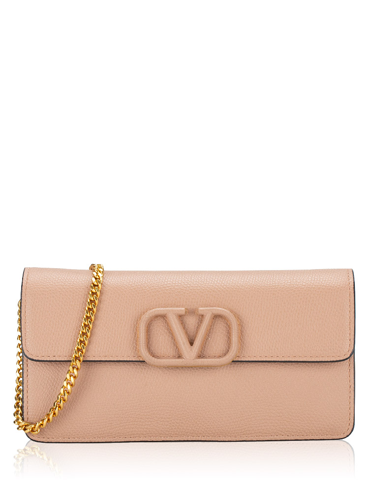Grainy Calfskin Vlogo Chain Wallet Rose Cannelle
