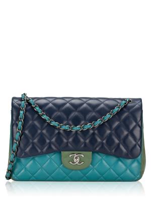 Lambskin Tri-Color Jumbo Classic Double Flap Bag Turquoise Dark Slate Olive