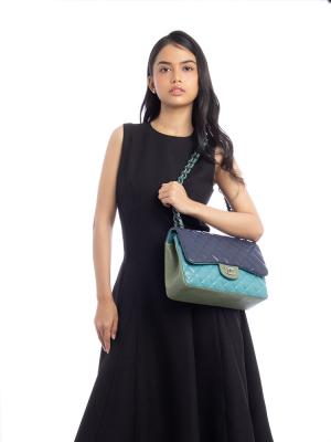 Lambskin Tri-Color Jumbo Classic Double Flap Bag Turquoise Dark Slate Olive